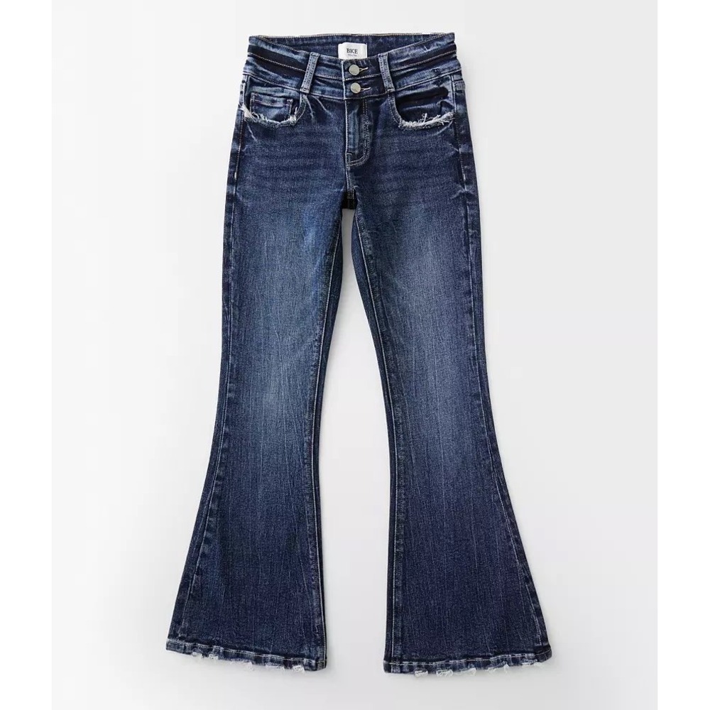 BKE Youth Girls Blue Distressed High Rise Flare Jeans Size 8 Dark Wash Stretch